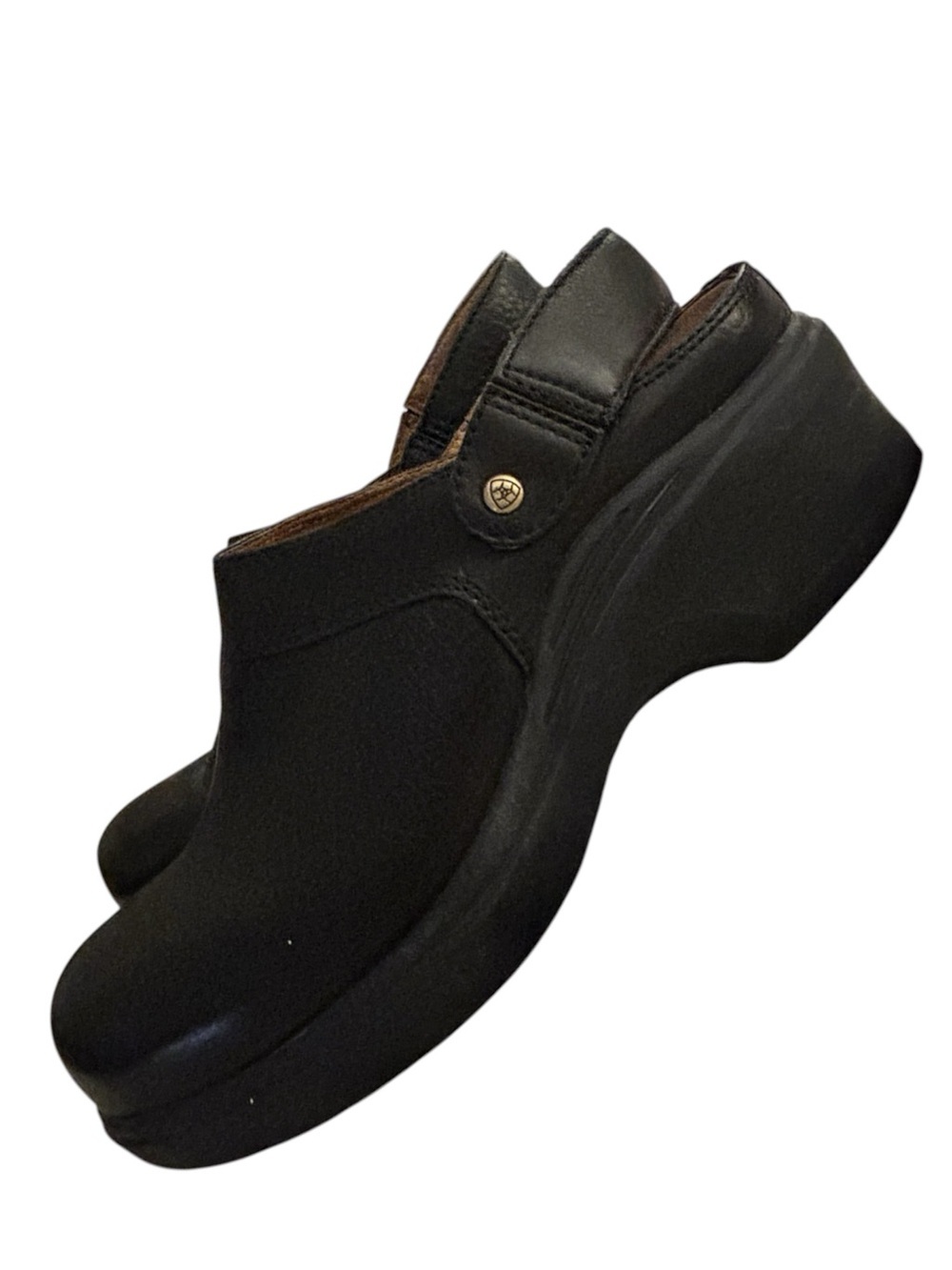 Black Platform Clog Mules with Gold Button Accent